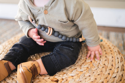 Charcoal Silicone Bead & Wood Ring Pacifier Clip