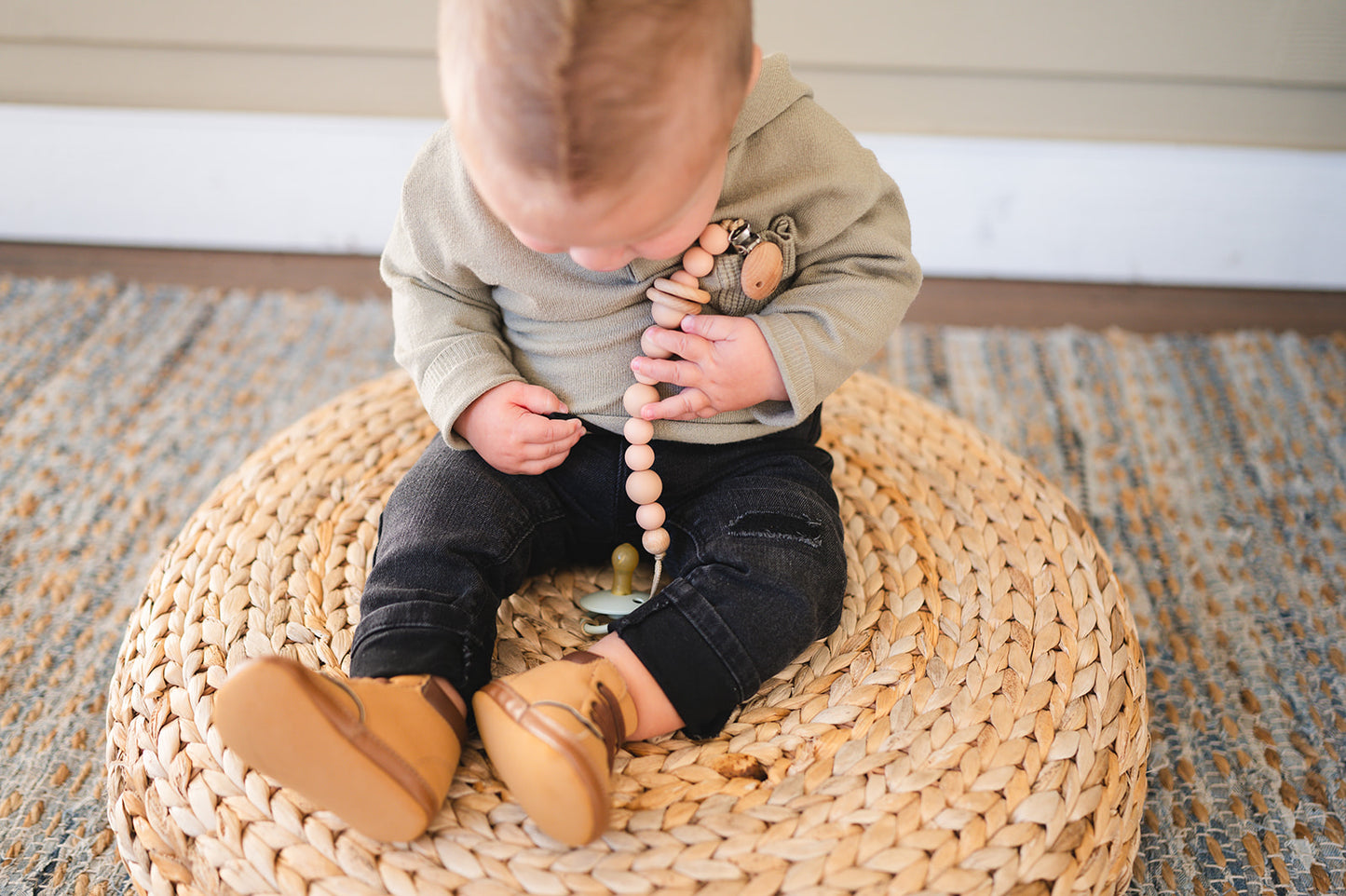 Apricot Silicone Bead & Wood Ring Pacifier Clip