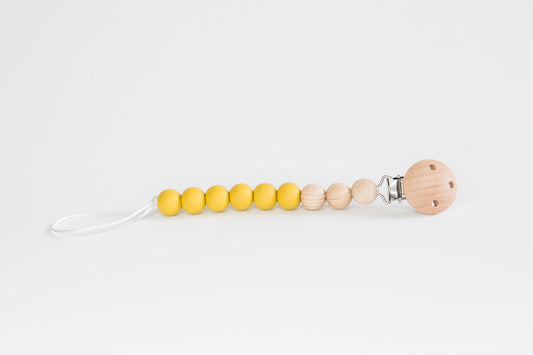 Mustard Beaded Wooden & Silicone Pacifier Clip