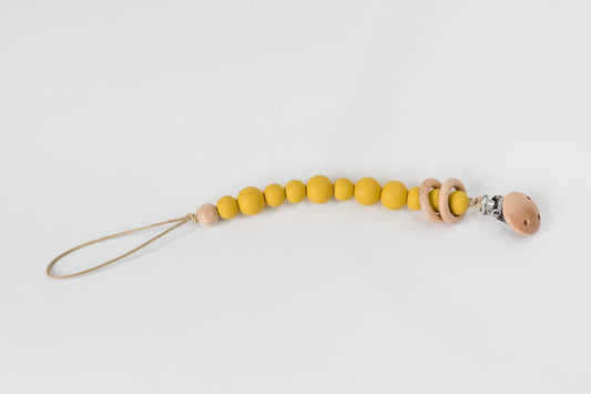 Mustard Silicone Bead & Wood Ring Pacifier Clip